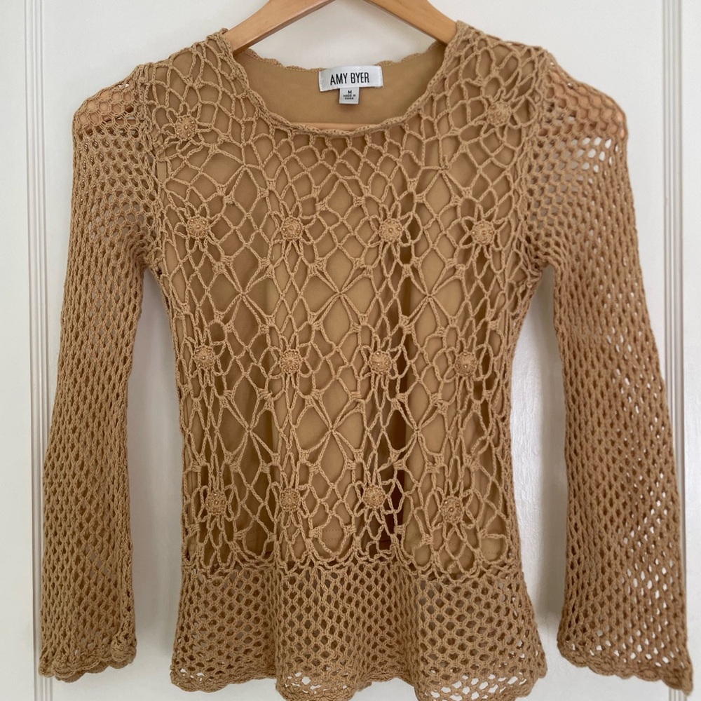 Amy Byer Women's Beige Crochet Blouse